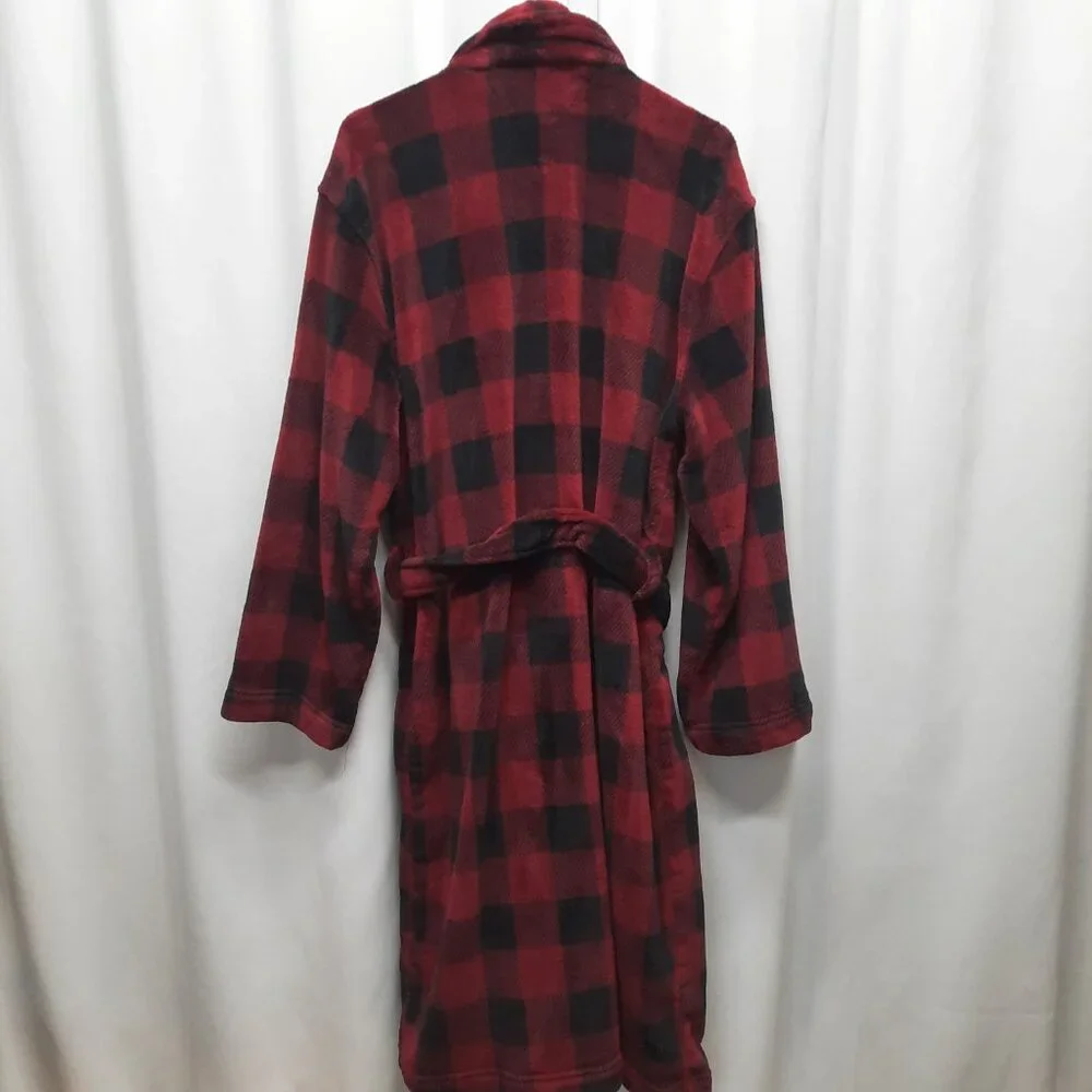 Tommy Hilfiger Mens Medium Plaid Fleece Robe Red Black Sleepwear Pajamas Warm